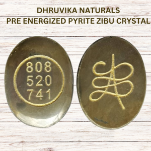 Pyrite Zibu Crystal - by Dhruvika Naturals (Natural Pyrite Crystal Pre-Energized Zibu Coin for Money Good Luck Positivity and Prosperity with angel nos- 808 520 741 and Zibu Symbol engraved 1 Nos)